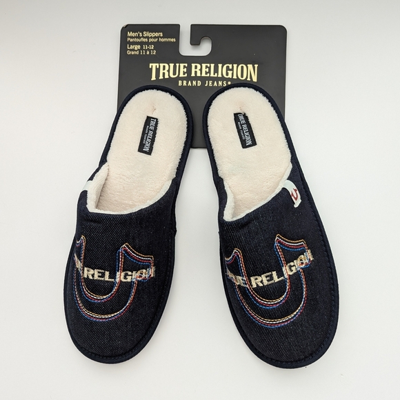 BNWT True Religion Men's (Size Large 11-12) Denim Slide-In Slippers - Picture 1 of 16